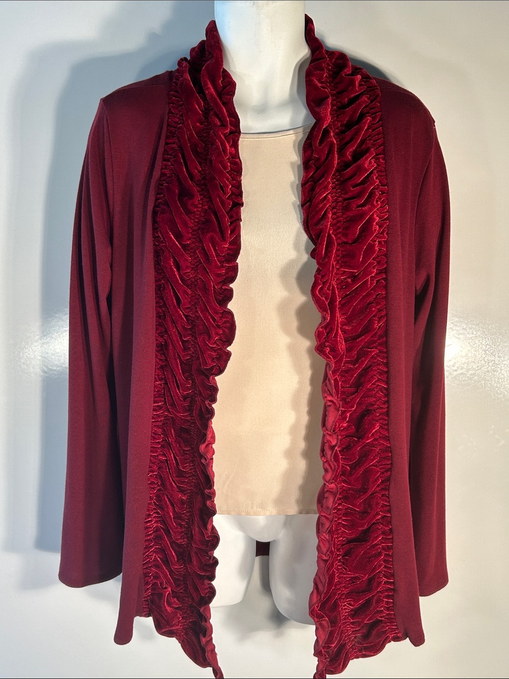 Etoile SZ XL Burgundy Open-Front Cardigan Velvet Trim Dressy Whimsigoth Boho